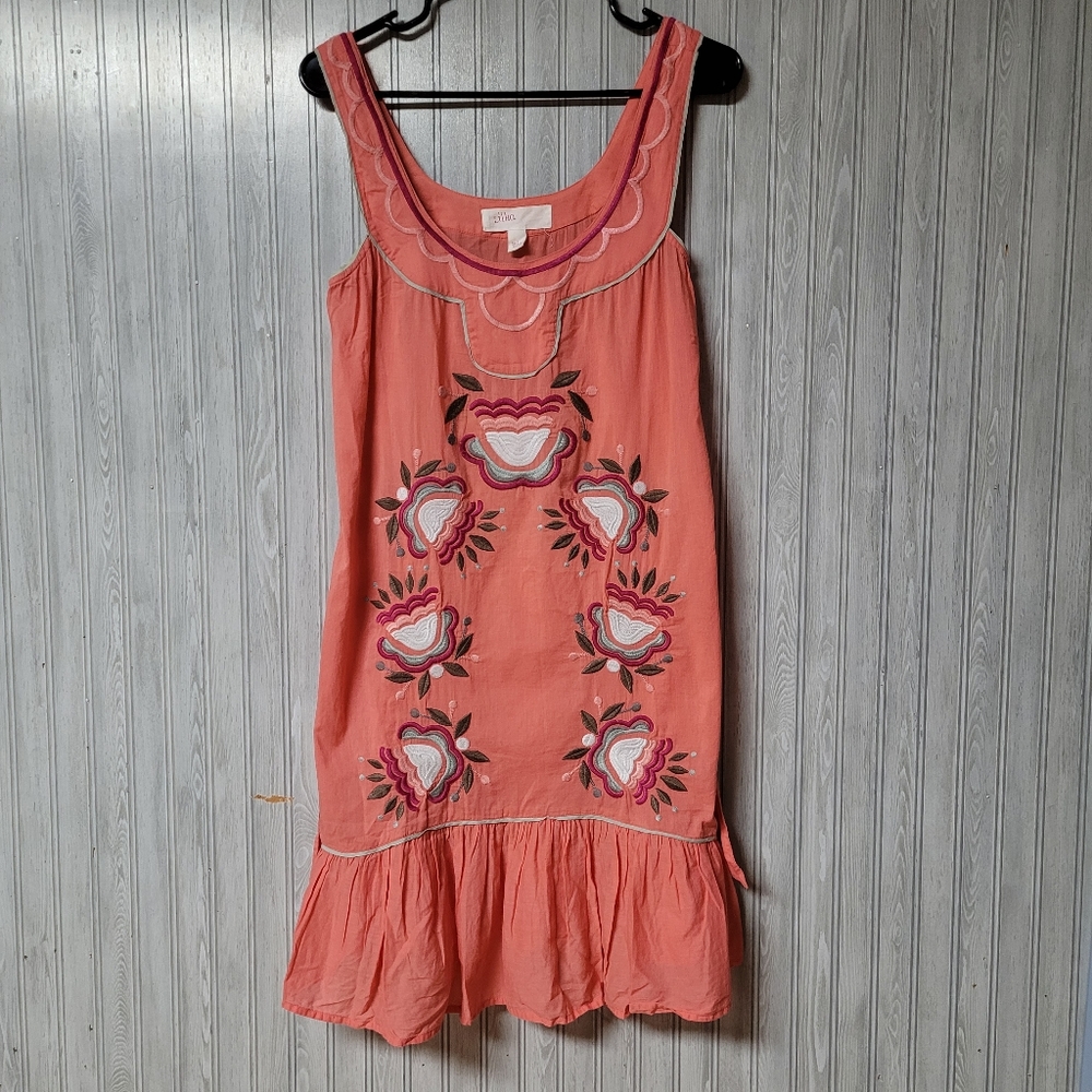Anthropologie Lilka Womens Salmon Boho Floral Embroidered Stitched Dress